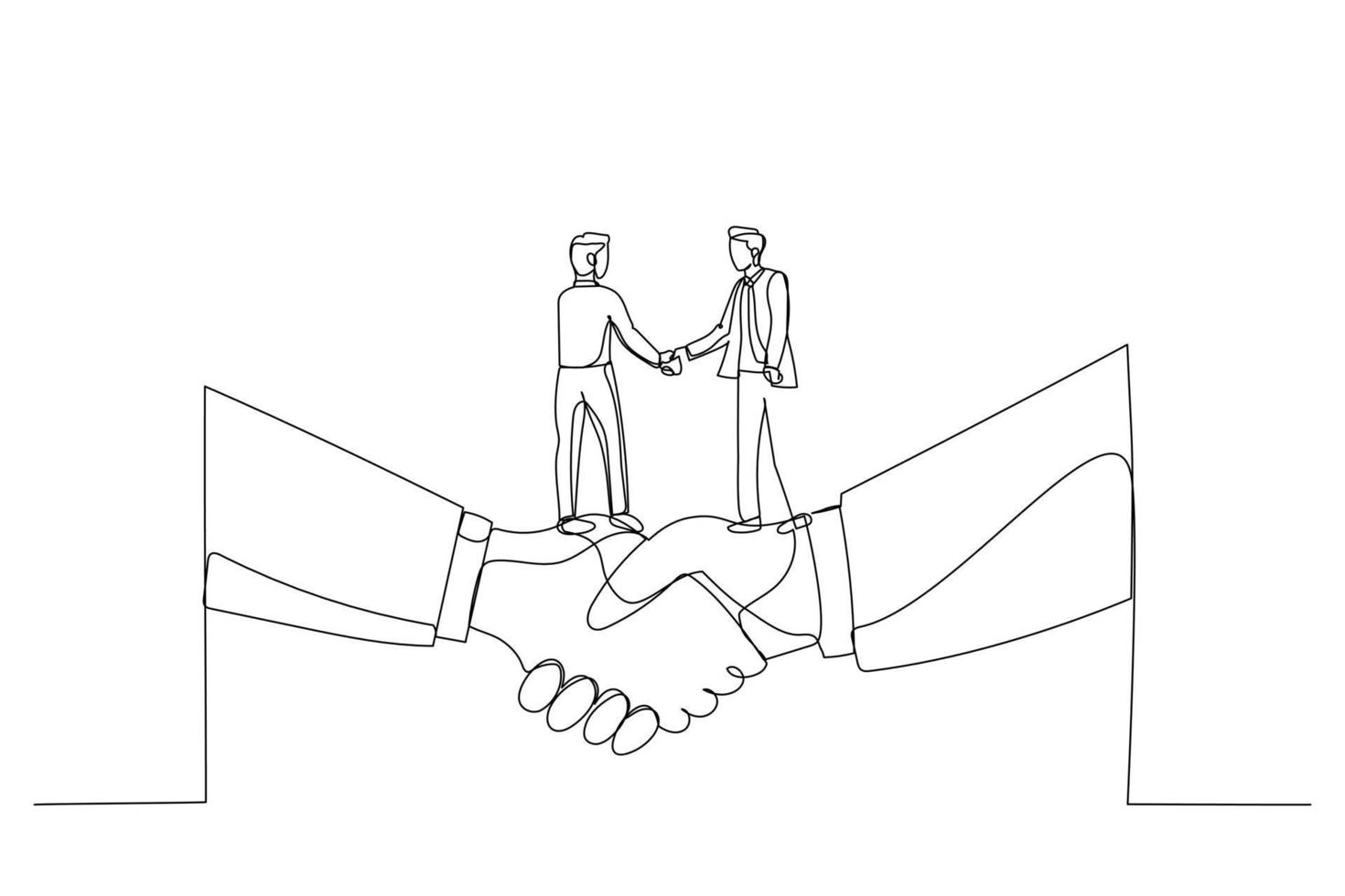 Drawing of businessman shaking hands and making deal standing on giant hand. Metaphor for small and big business. Single line art style vector