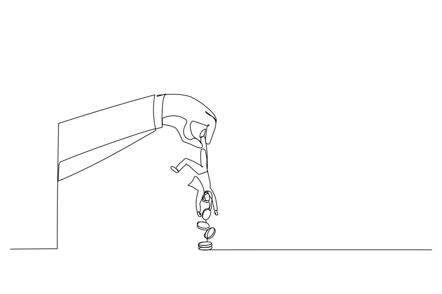 Cartoon of greed businessman hold small people shaking to get all their money. Metaphor for tax hike, government increase tax or steal money from people. Single continuous line art style vector