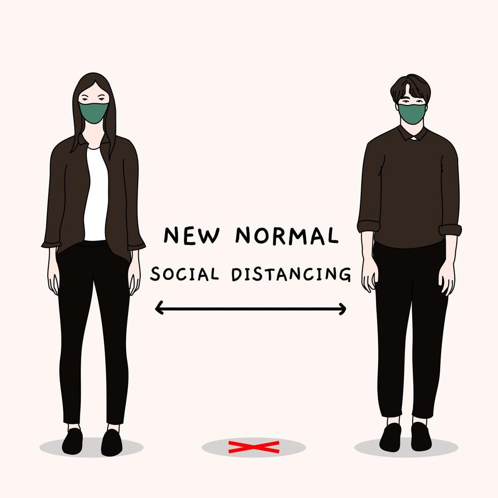 man and woman wear face mask and keep physical or social distancing for avoid viruses spread to other people. new normal lifestyle. vector illustration