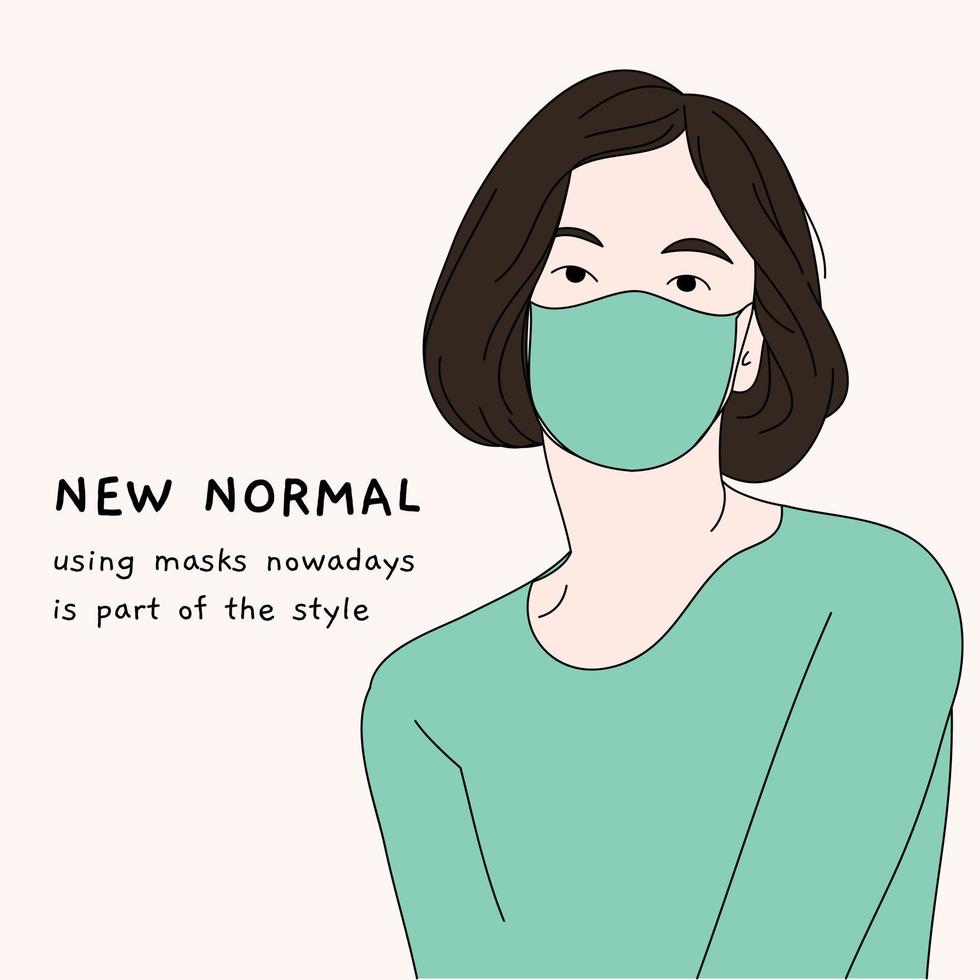 young woman with short hair style wear face mask. new normal lifestyle. vector illustration.