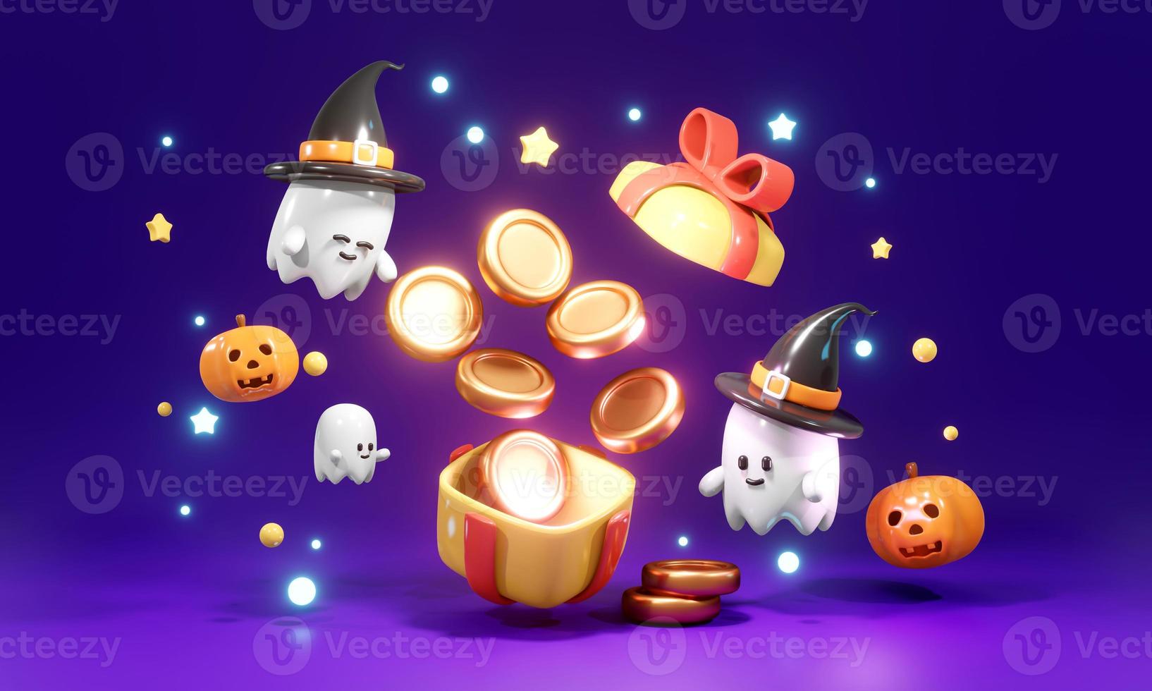 3D Rendering of cute little ghost with gift box open with money coin concept of Halloween background for commercial advertising design. 3d render cartoon style. photo