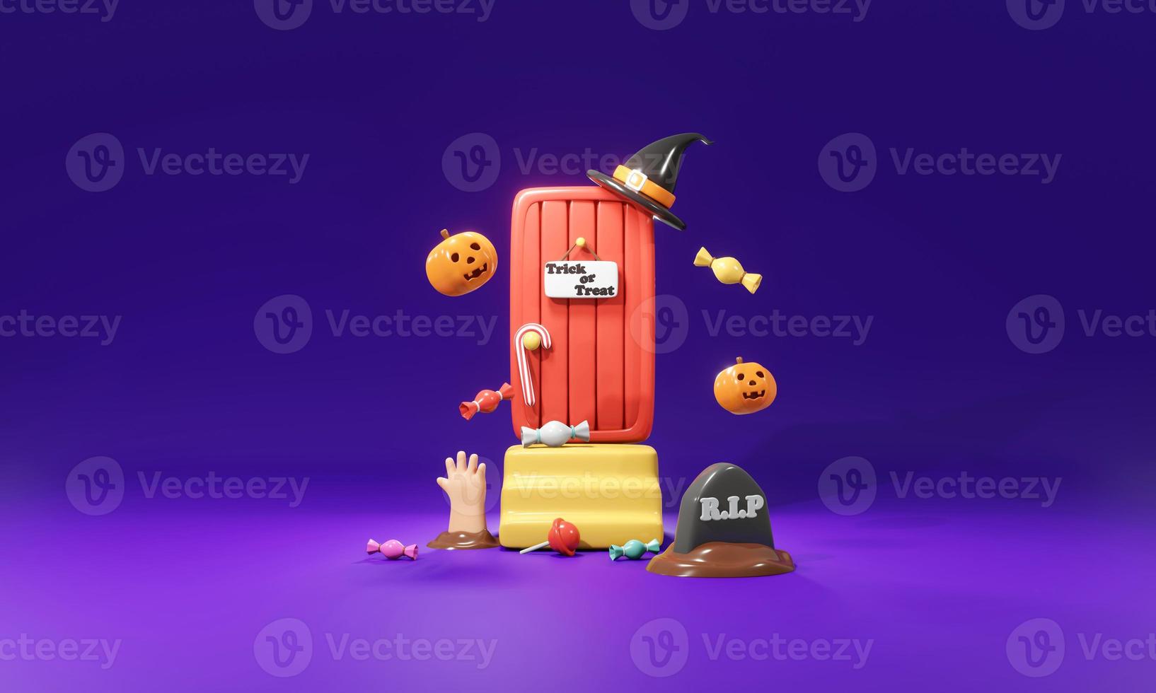 3D Rendering concept candy and door for trick or treat Halloween on background. 3d render cartoon style. photo