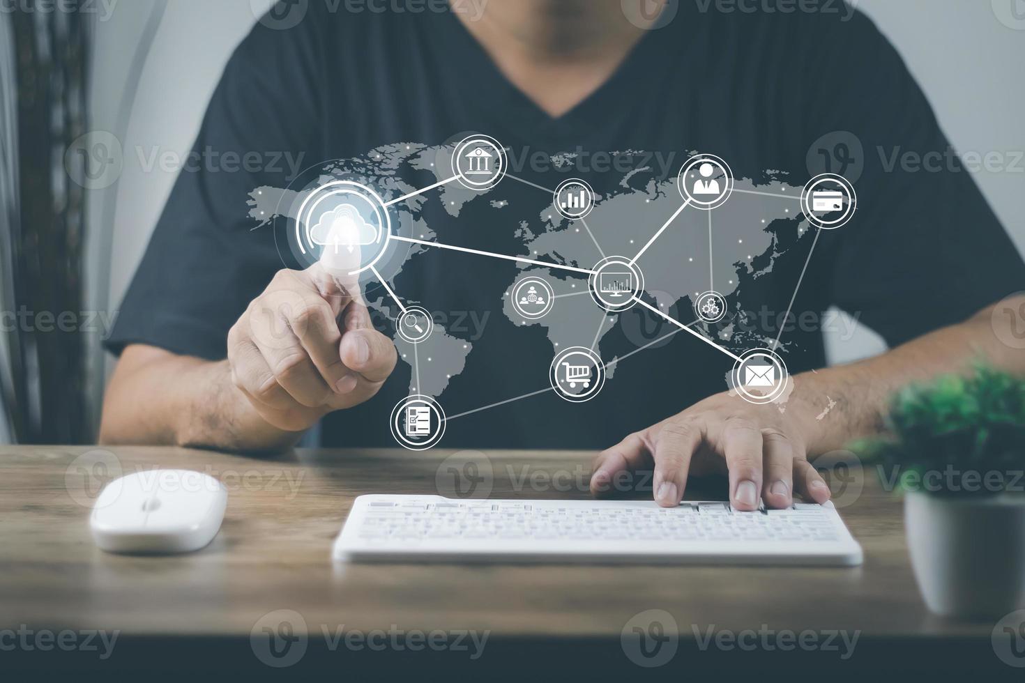 Cloud technology data storag concept, man's hand using a smartphone to use, backup, store in Cloud Data storag as an online connection. Files can be retrieved at any time. convenient and safe photo
