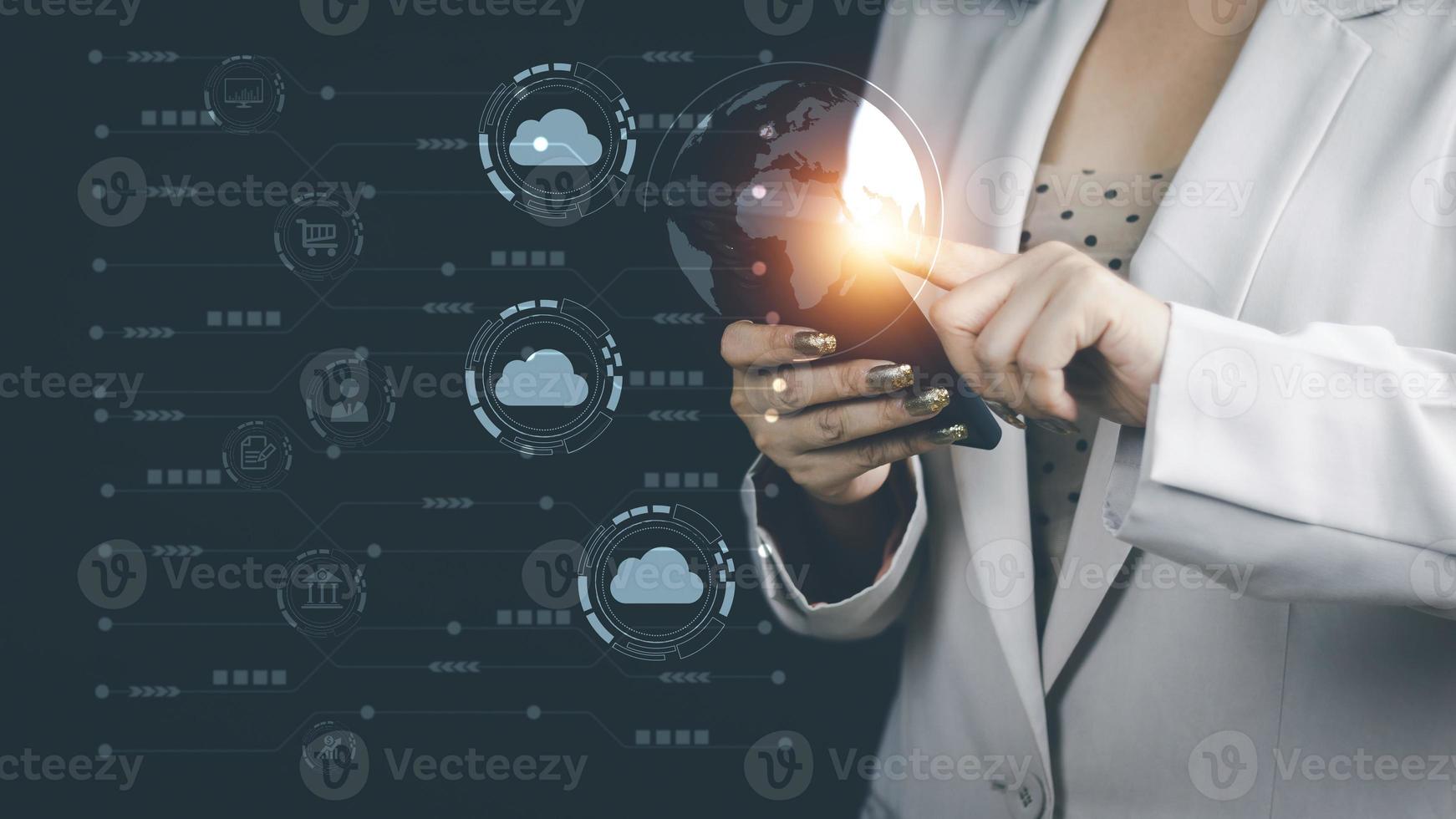 Cloud technology data storag concept, woman's hand using a smartphone to use, backup, store in Cloud Data storag as an online connection. Files can be retrieved at any time. convenient and safe photo
