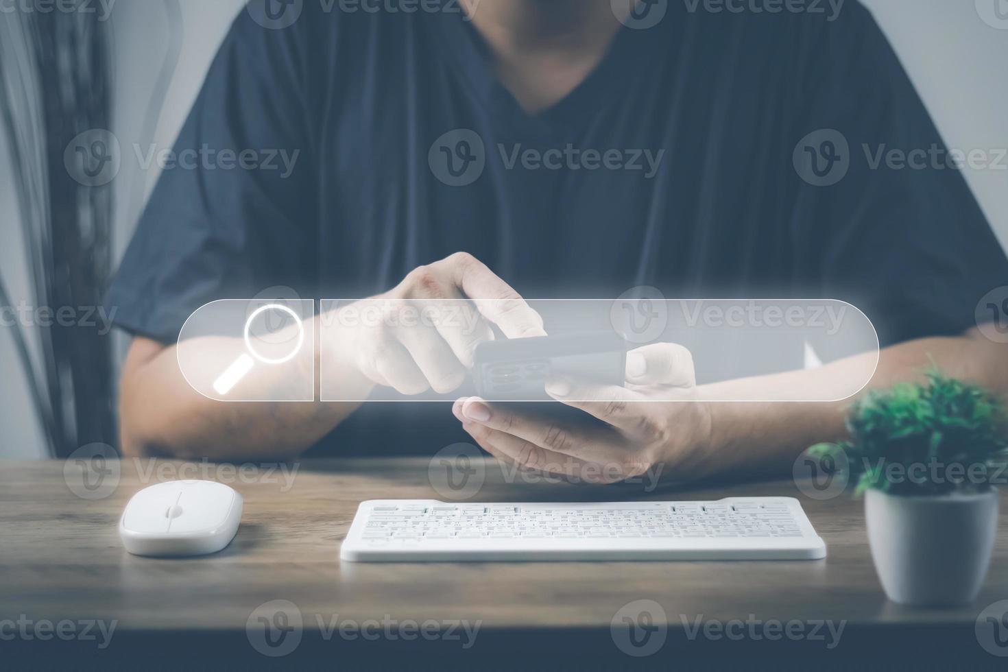 The concept of using technology to search for information, a man's hand is using a smartphone to search for information on social media via the Internet online. photo
