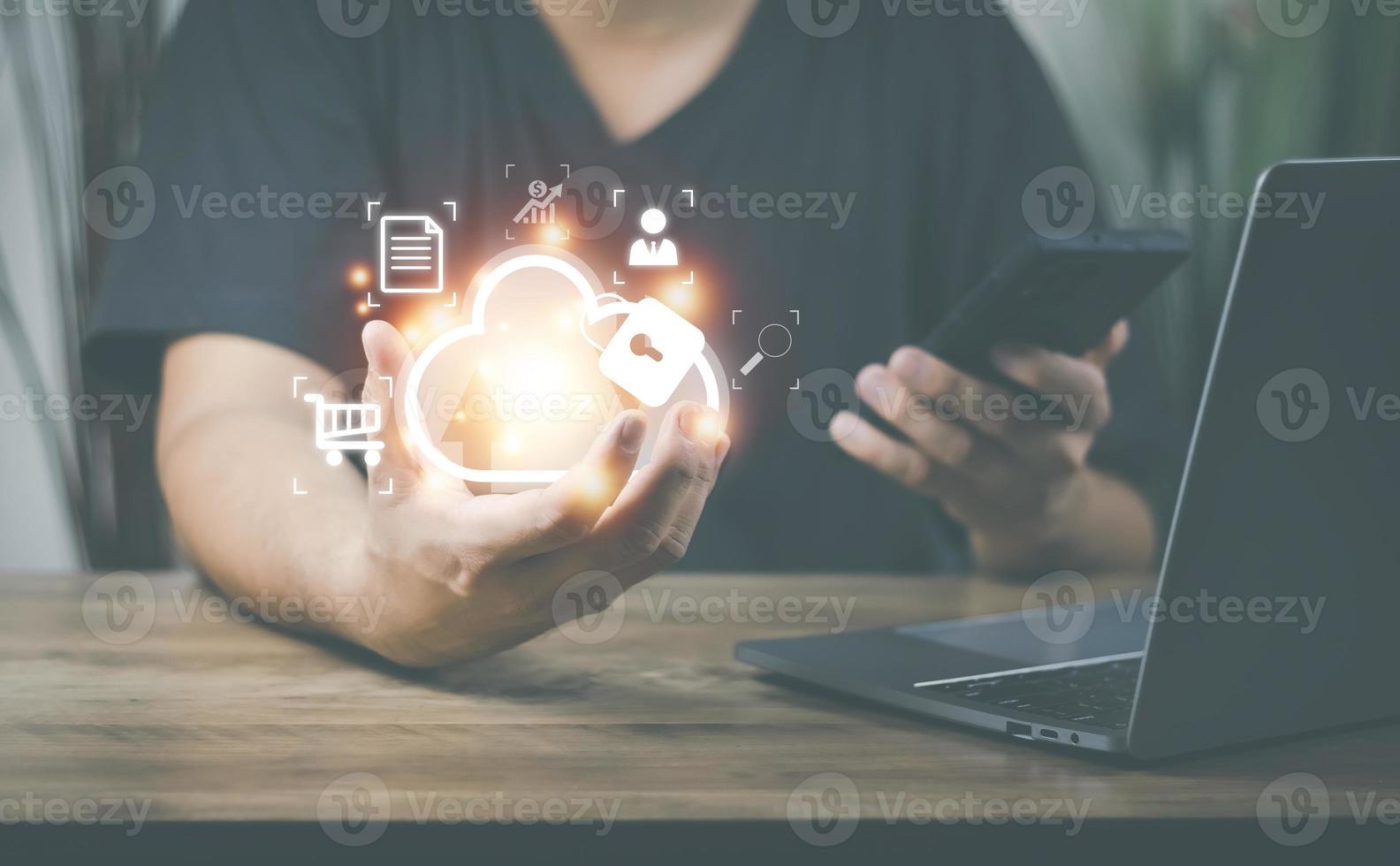 he concept of using technology to connect data to the world, business man use smartphones. online transaction on the internet Big data is used marketing payment Search information photo