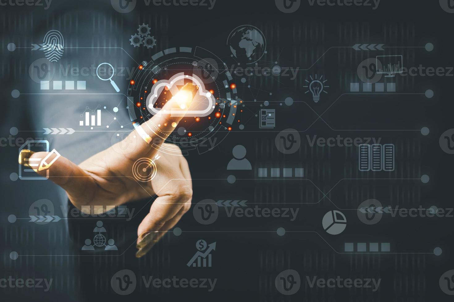 The concept of using technology to connect data to the world, business woman use smartphones. online transaction on the internet Big data is used marketing payment Search information photo