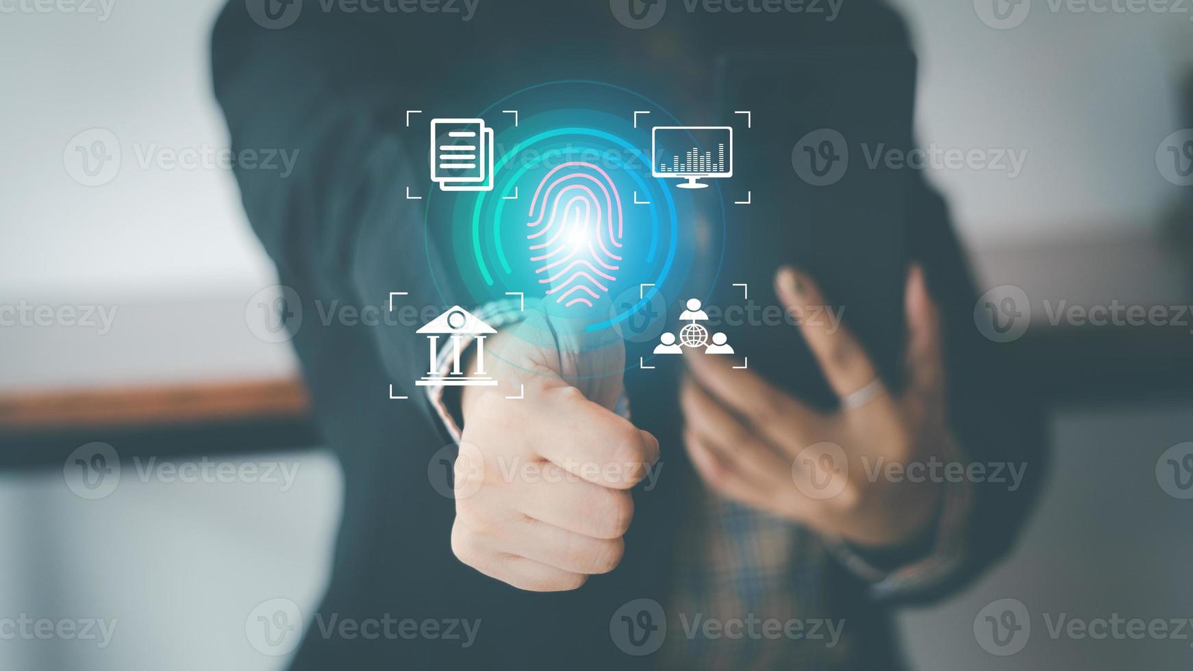 cyber security concept, man's hand scanning finger to go online to access information both accessing the system document storage Banking including online shopping This method is highly secure. photo