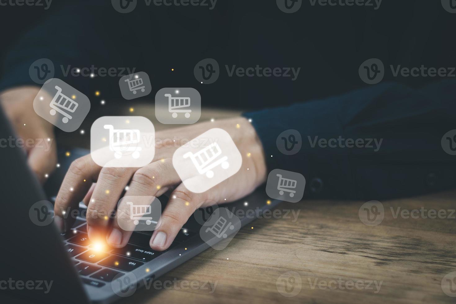 technology online shopping concept social media man using computer access online media Through the Internet, there is marketing to answer customer chats. by working at home photo