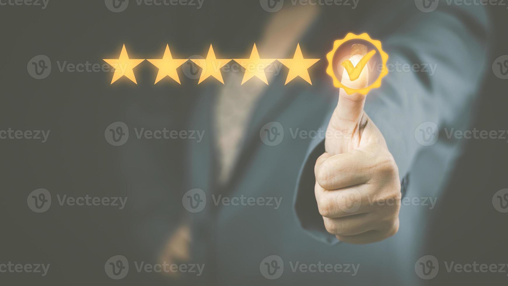 Customer service and Satisfaction concept woman hands doing online assessments in the satisfaction rating the popular service company allows customers in order to improve and develop the organization photo