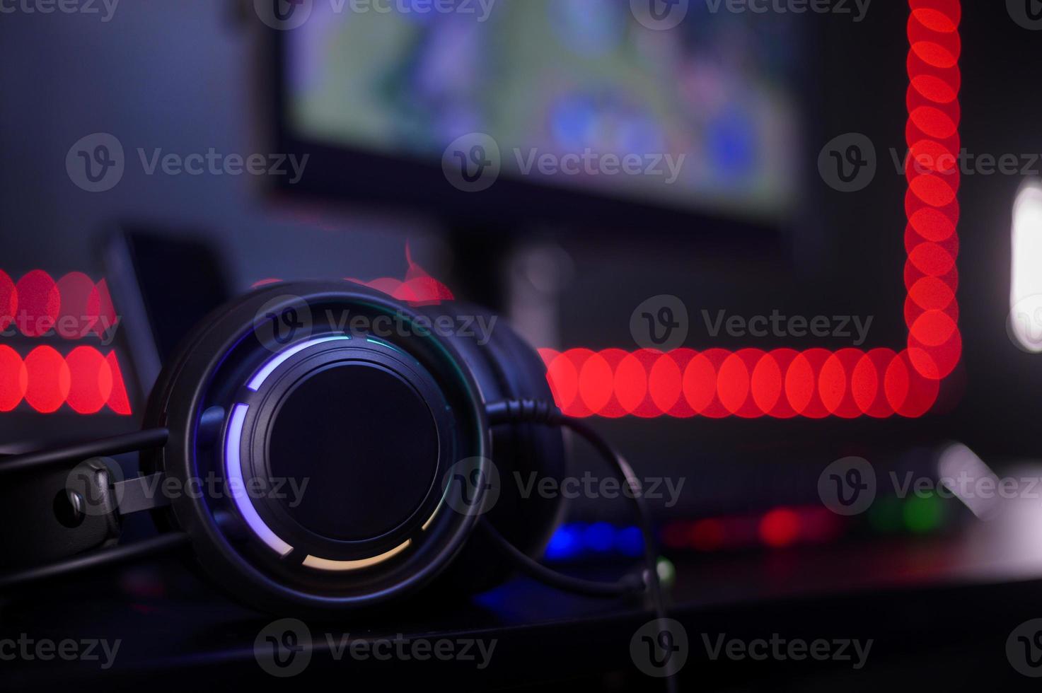 Background of headset with computer playing Online Game streaming desktop photo