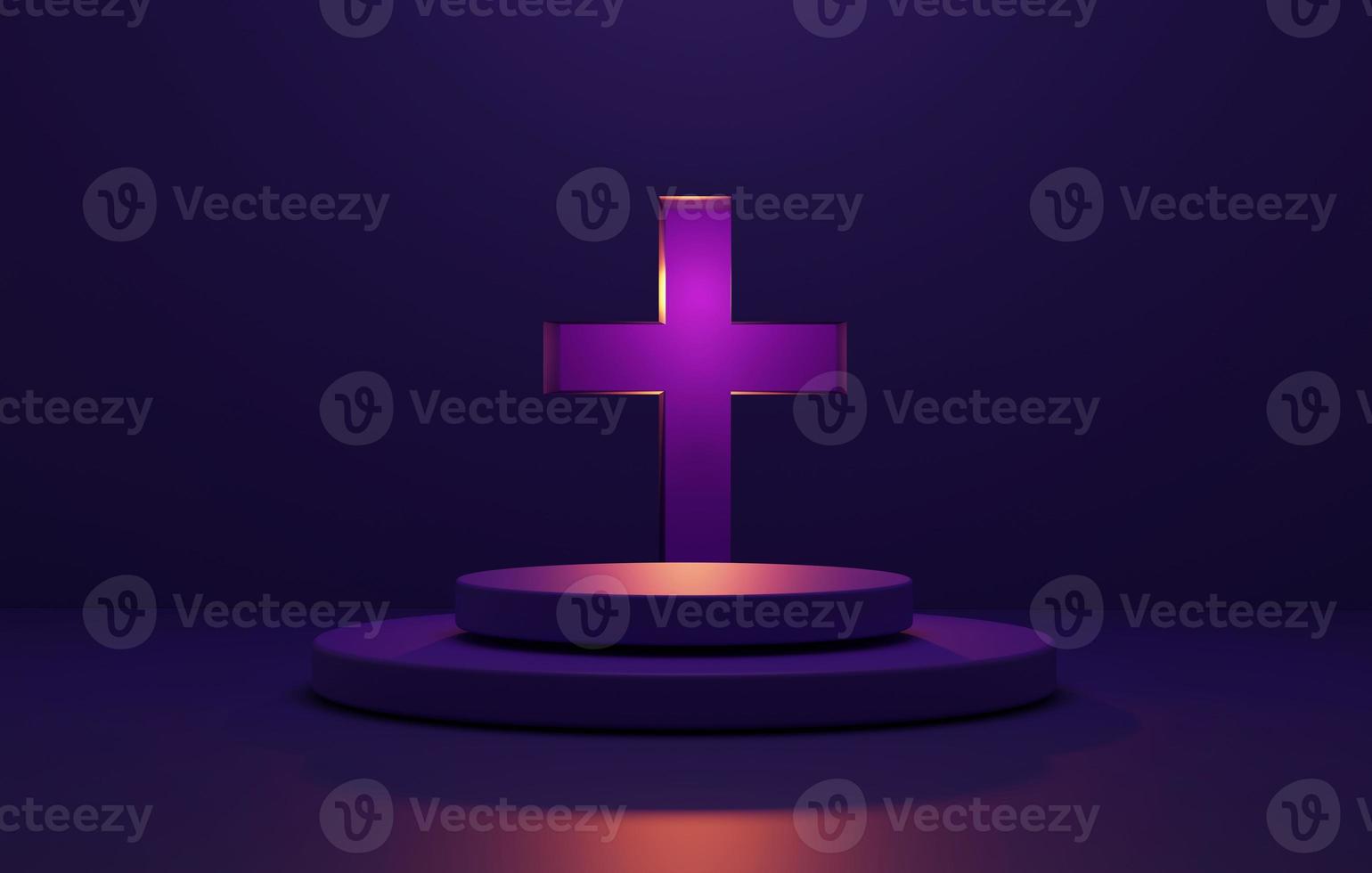 Circle purple pedestal and cross on abstract purple background. 3d rendering,3d illustration. photo