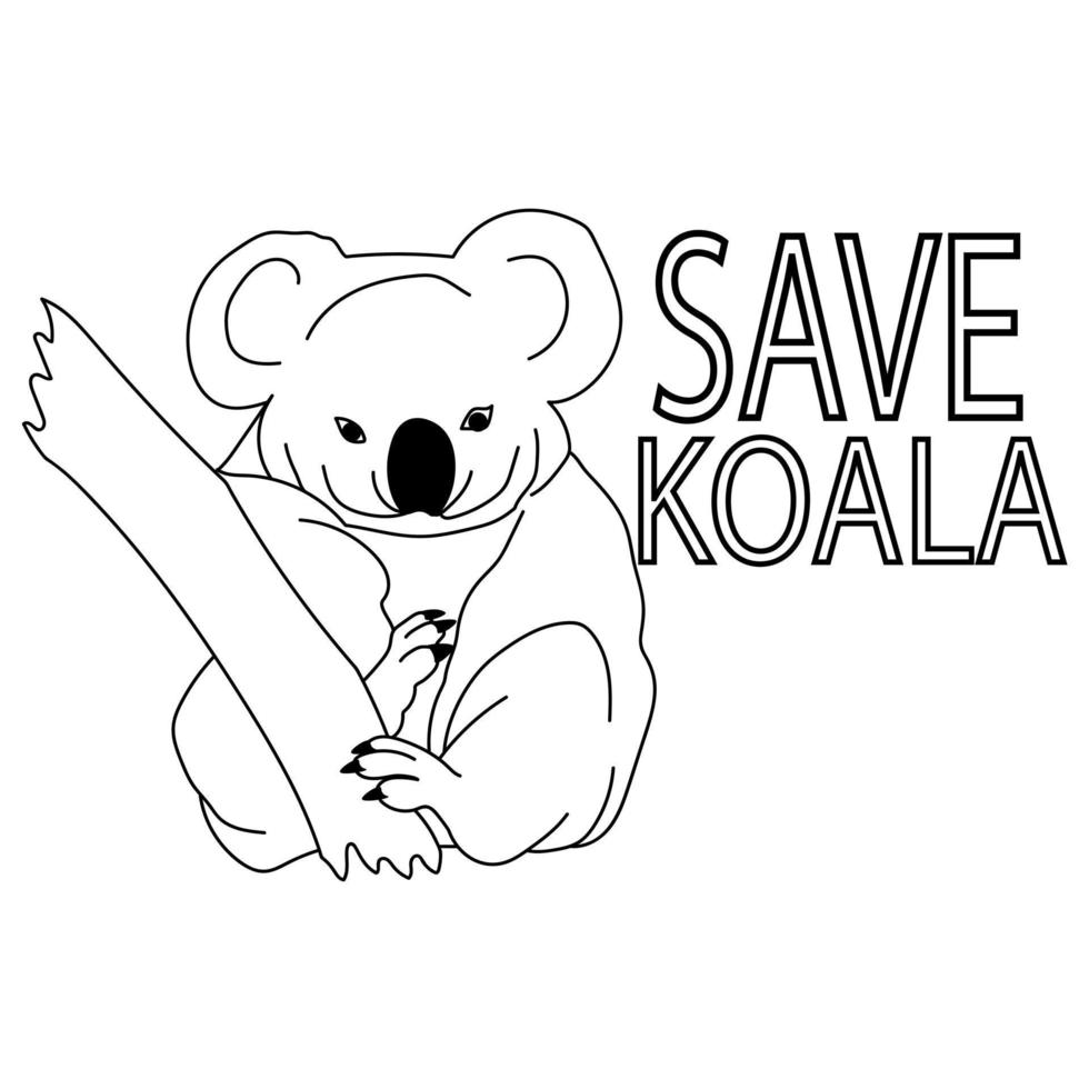 Save the koala, koala outline drawing on a branch and themed lettering, coloring page vector