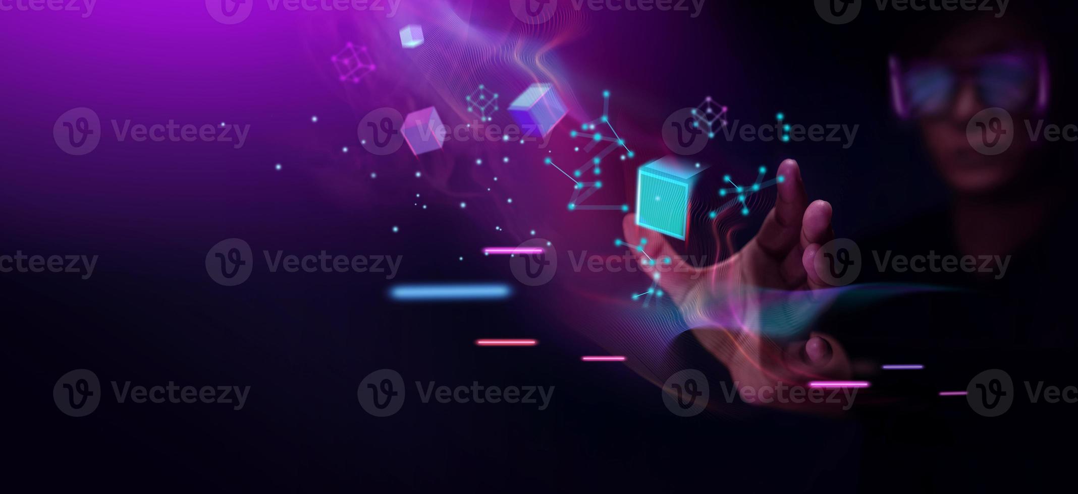 Metaverse and Blockchain Technology Concepts. Person with Glasses try to Touching Object for Experiences of Metaverse Virtual World. Futuristic Tone photo