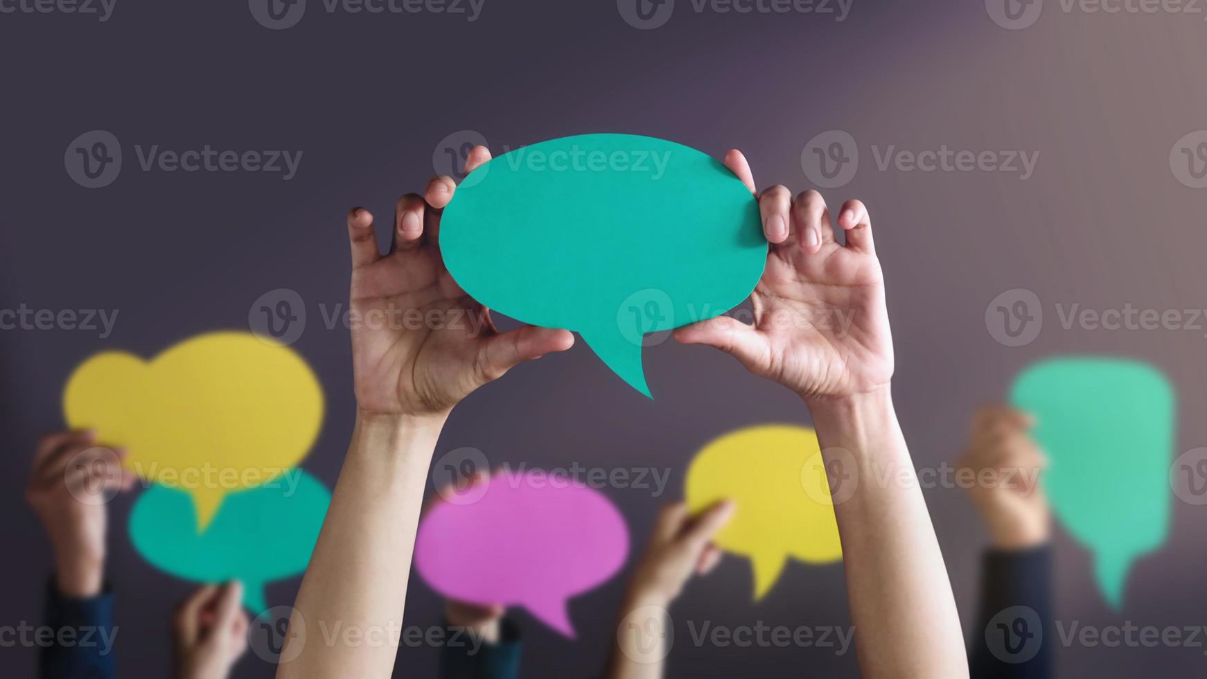 Freedom of Speech Concept. Group of People Protesting or making Campaign with a Blank Speech Bubble. Expression for the Human Rights photo