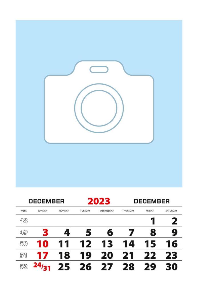 December 2023 calendar planner A3 size with place for your photo. vector