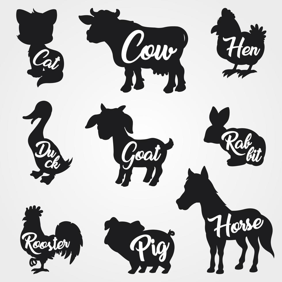 Farm animals silhouettes collection with text vector