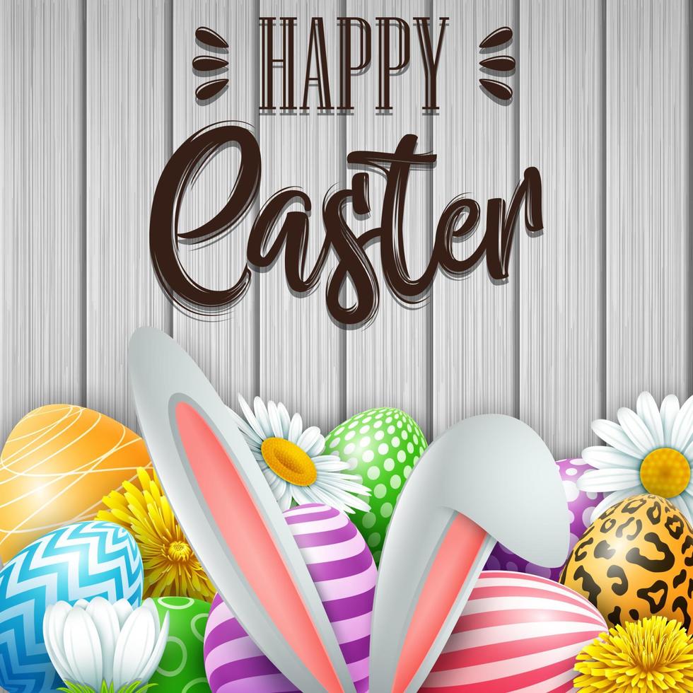 Happy Easter card with colored eggs, flowers, bunny ears and insect in round shapes on wood background vector