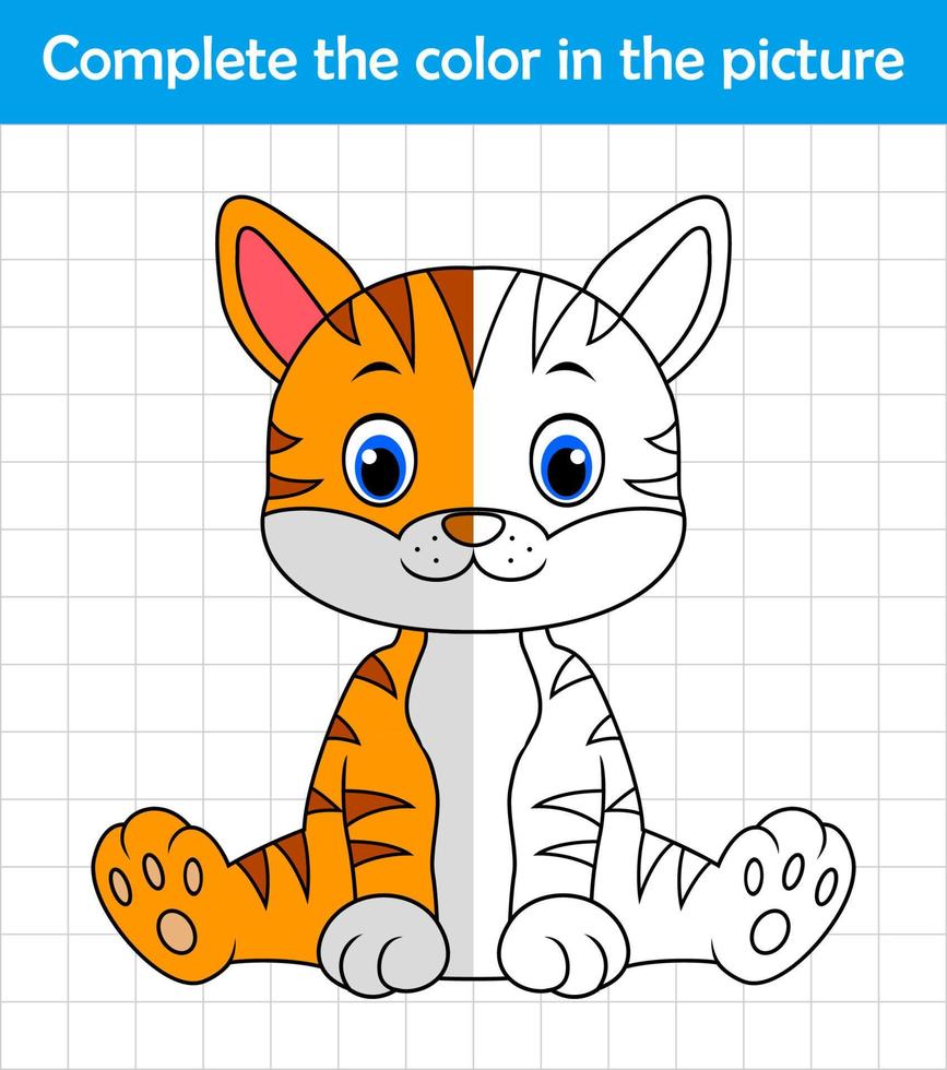 Funny cat sitting. Complete the picture children drawing game vector