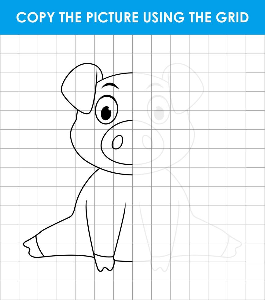 Cute little pig sitting. Grid copy game, complete the picture educational children game vector
