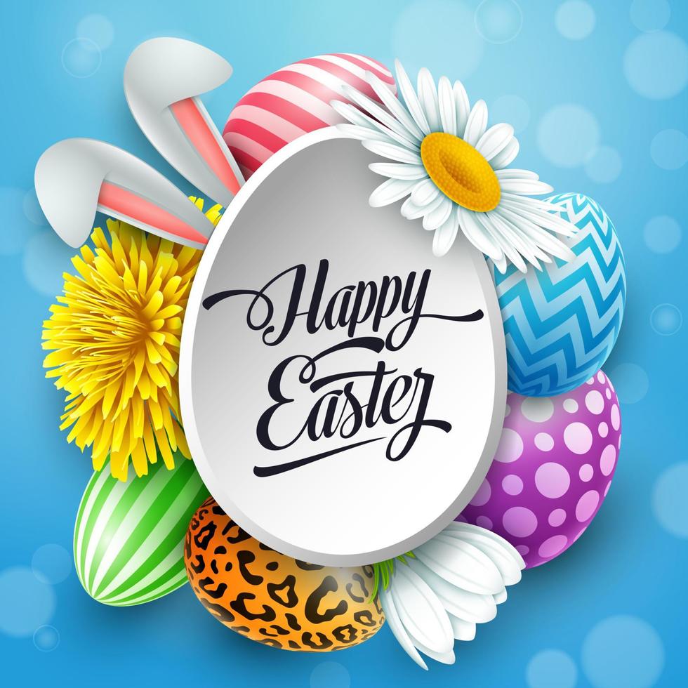tarjeta de pascua feliz con huevos de colores, flores, orejas de conejo, insectos en formas redondas sobre fondo azul vector