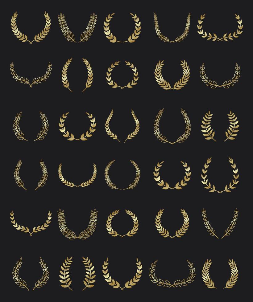 Set of gold laurel wreaths on dark background vector