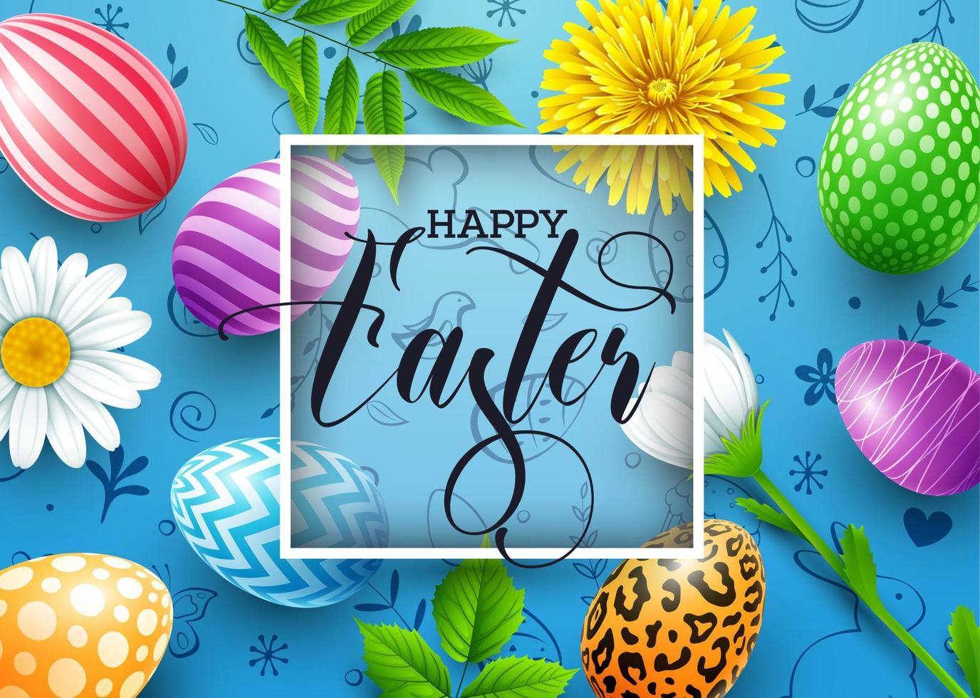 Happy Easter card with colored eggs, flowers, bunny ears, insect in round shapes on blue background vector