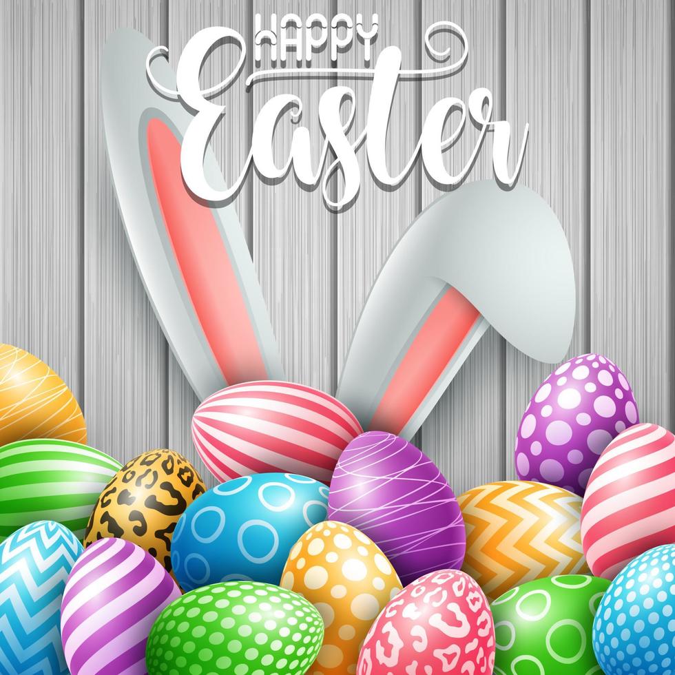 Happy Easter card with colored eggs, flowers, bunny ears and insect in round shapes on wood background vector
