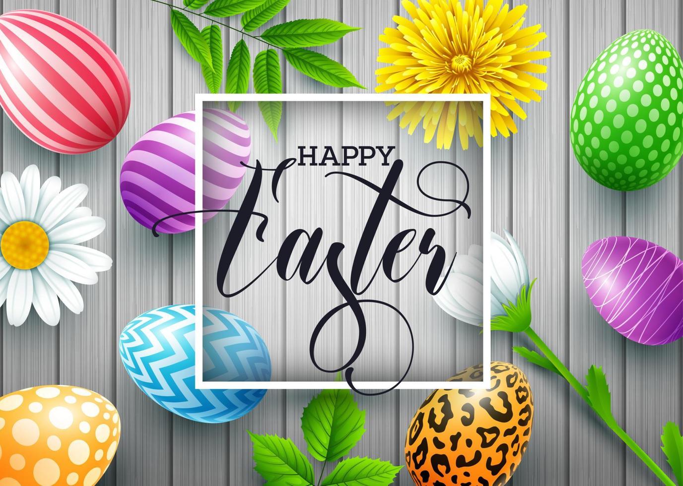 Happy Easter card with colored eggs, flowers, bunny ears and insect in round shapes on wood background vector