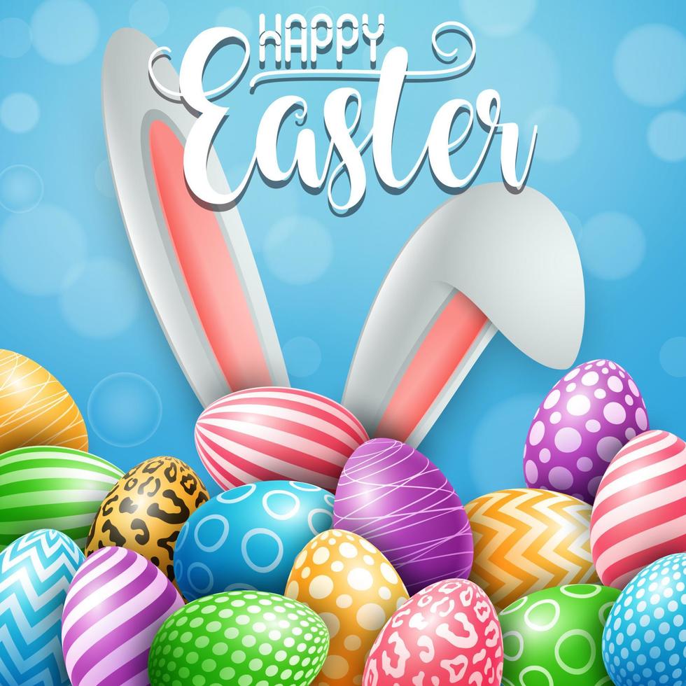 Happy Easter card with colored eggs, flowers, bunny ears, insect in round shapes on blue background vector