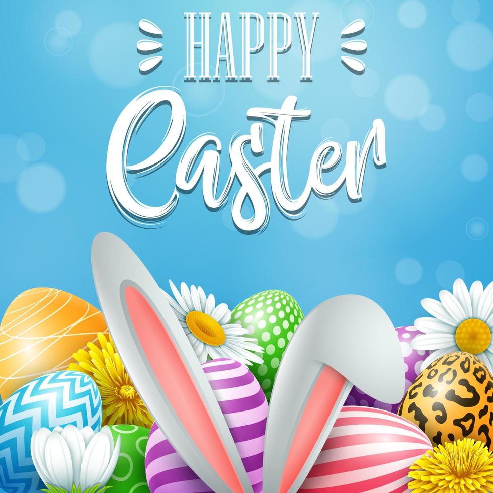 tarjeta de pascua feliz con huevos de colores, flores, orejas de conejo, insectos en formas redondas sobre fondo azul vector