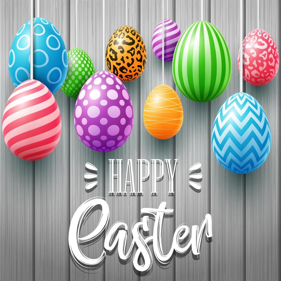 Happy Easter card with colored eggs, flowers, bunny ears and insect in round shapes on wood background vector