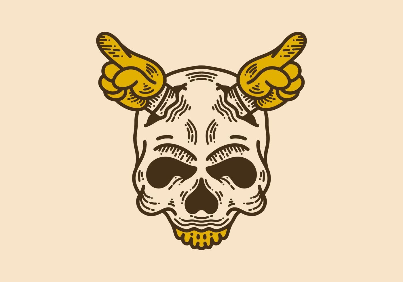 Skull with two hand vintage retro line art vector