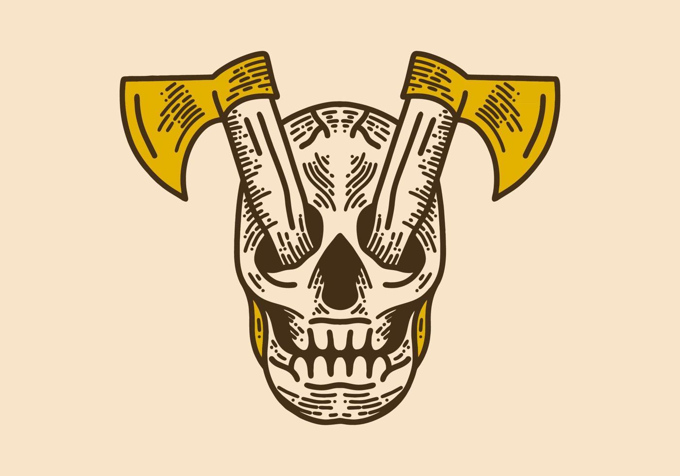 Two ax on skull vintage retro line art vector