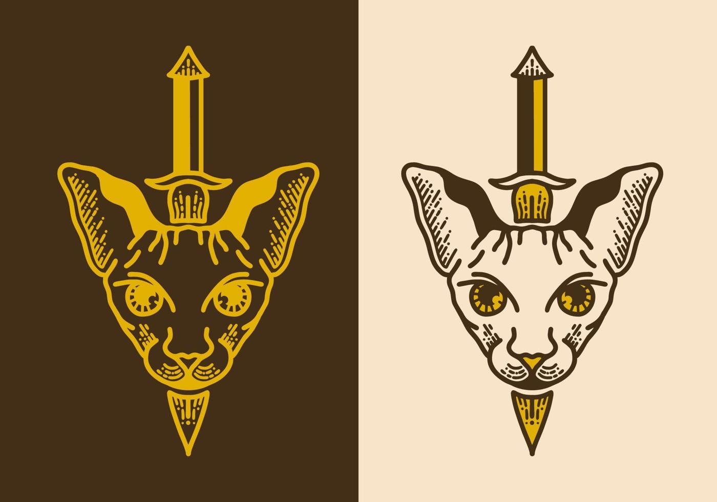 Sword on sphynx cat head vintage retro line art vector