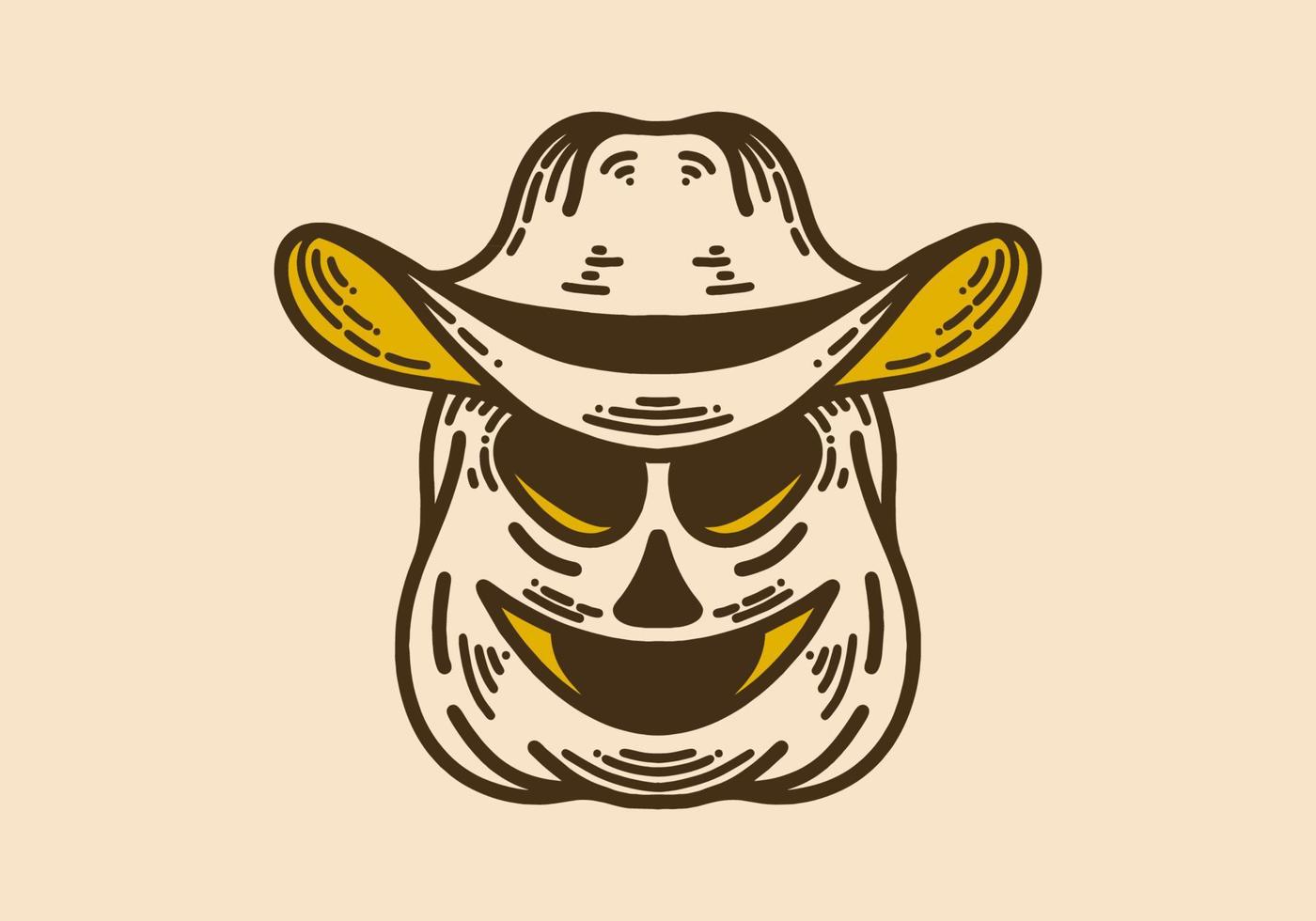 Pumpkin wearing a cowboy hat vintage retro line art vector