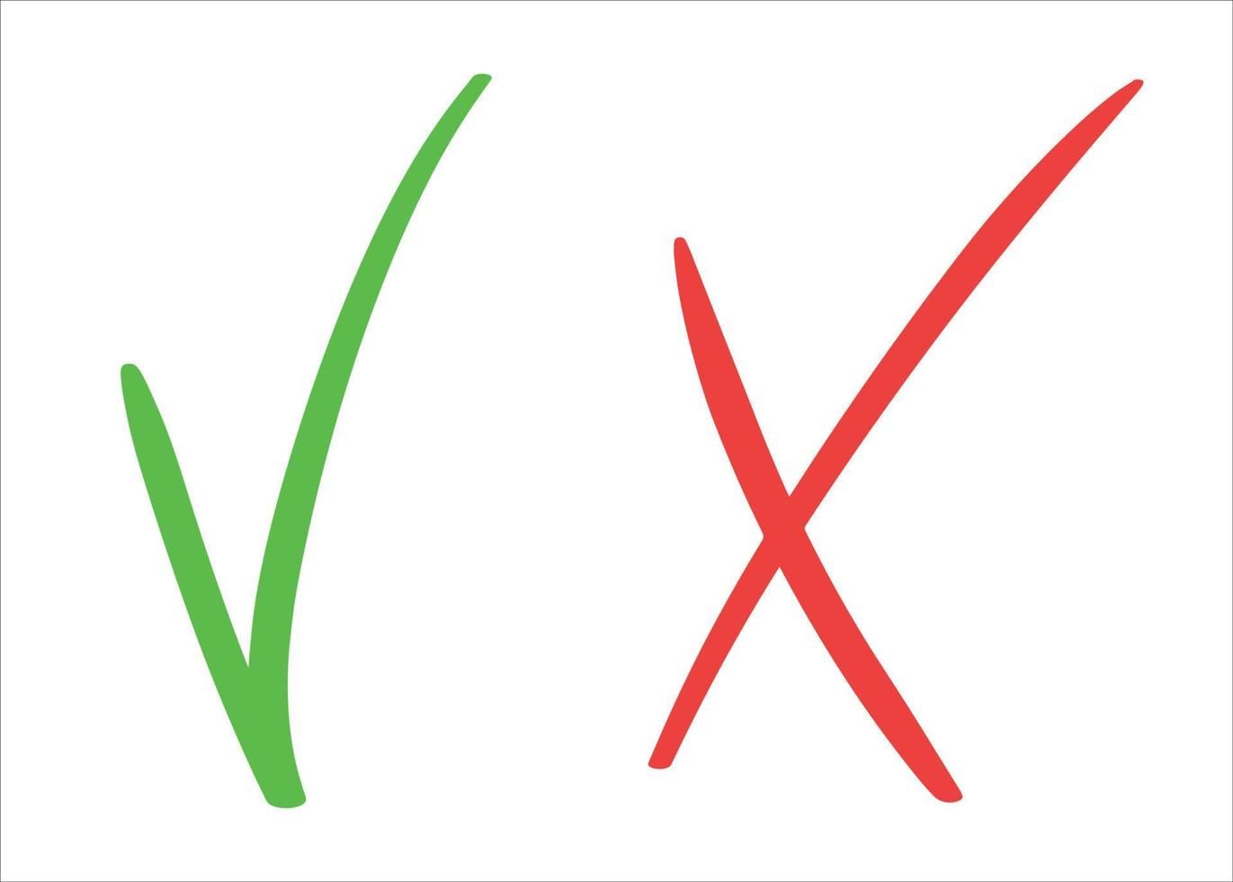 A set of green checkmark and red cross. Signs of agreement and denial. YES and NO symbol for voting, testing. Flat tick. Vector isolated icon. The sign is prohibited.