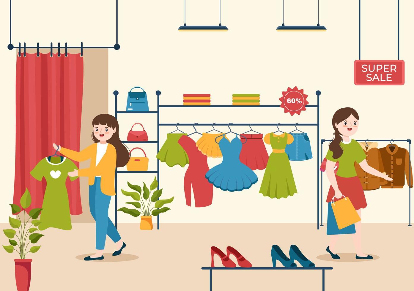 tienda de ropa de moda para mujer plantilla dibujada a mano ilustración plana de dibujos animados con compras productos de compra tela o diseño de 11883314 Vector en Vecteezy