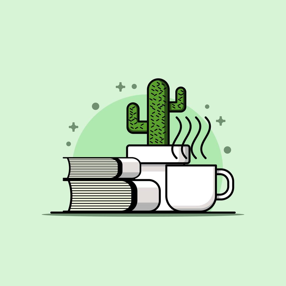 Modern flat illustration design of cactus, books, and a cup of coffee or tea on the table vector