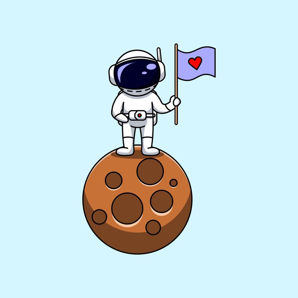 diseño moderno de ilustración plana de un astronauta que sostiene una bandera de amor y se pone de pie en la mini luna vector