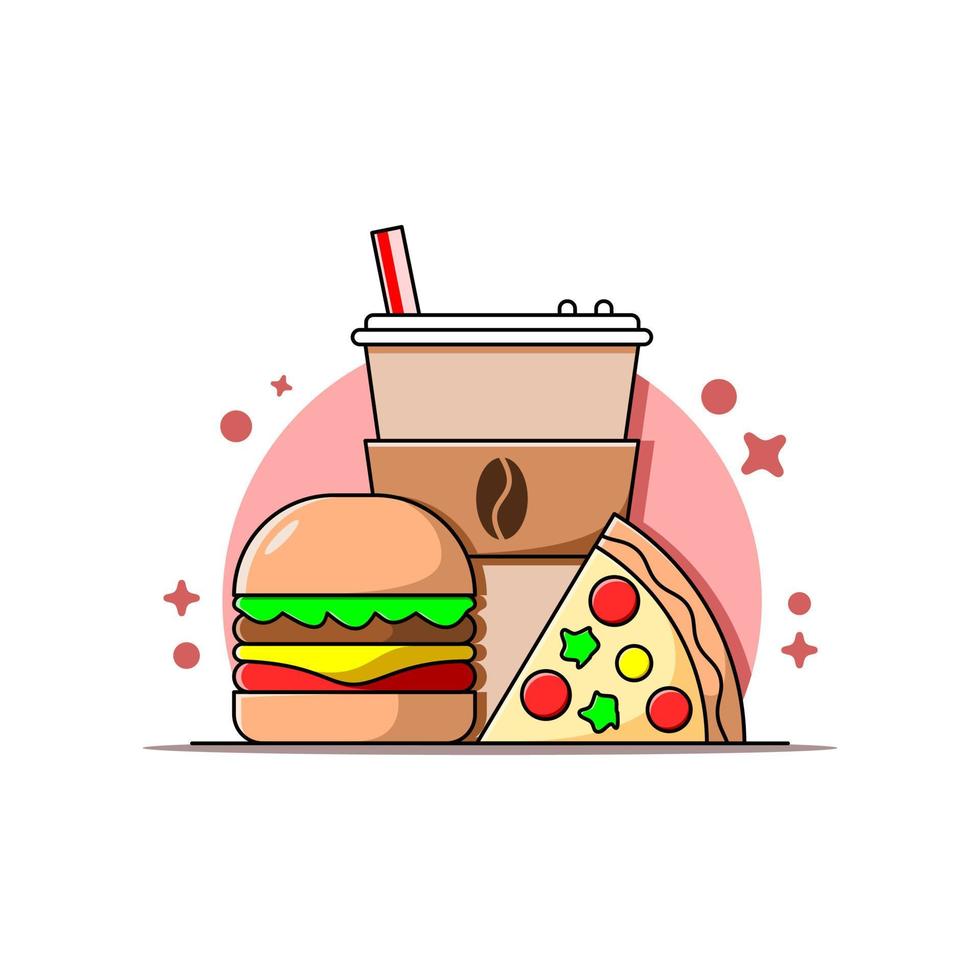 diseño plano moderno ilustración diseño de comida chatarra o comida rápida, café helado, hamburguesa y pizza vector