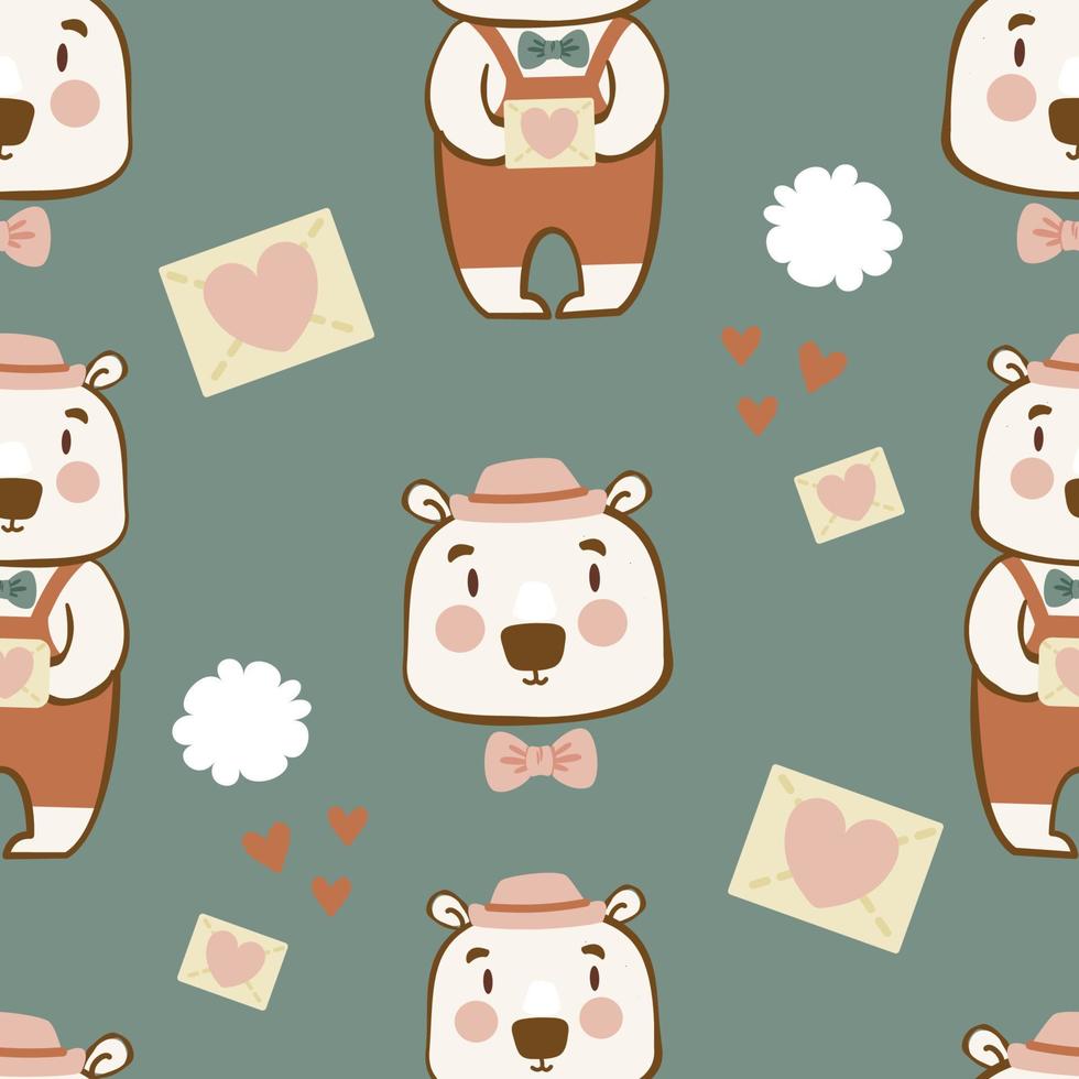 Seamless pattern of cute bears on green background. Creative childish prints flat illustration for fabric, textile, home, nursery, wallpaper, packaging, decoration, children apparel. Baby boy. vector