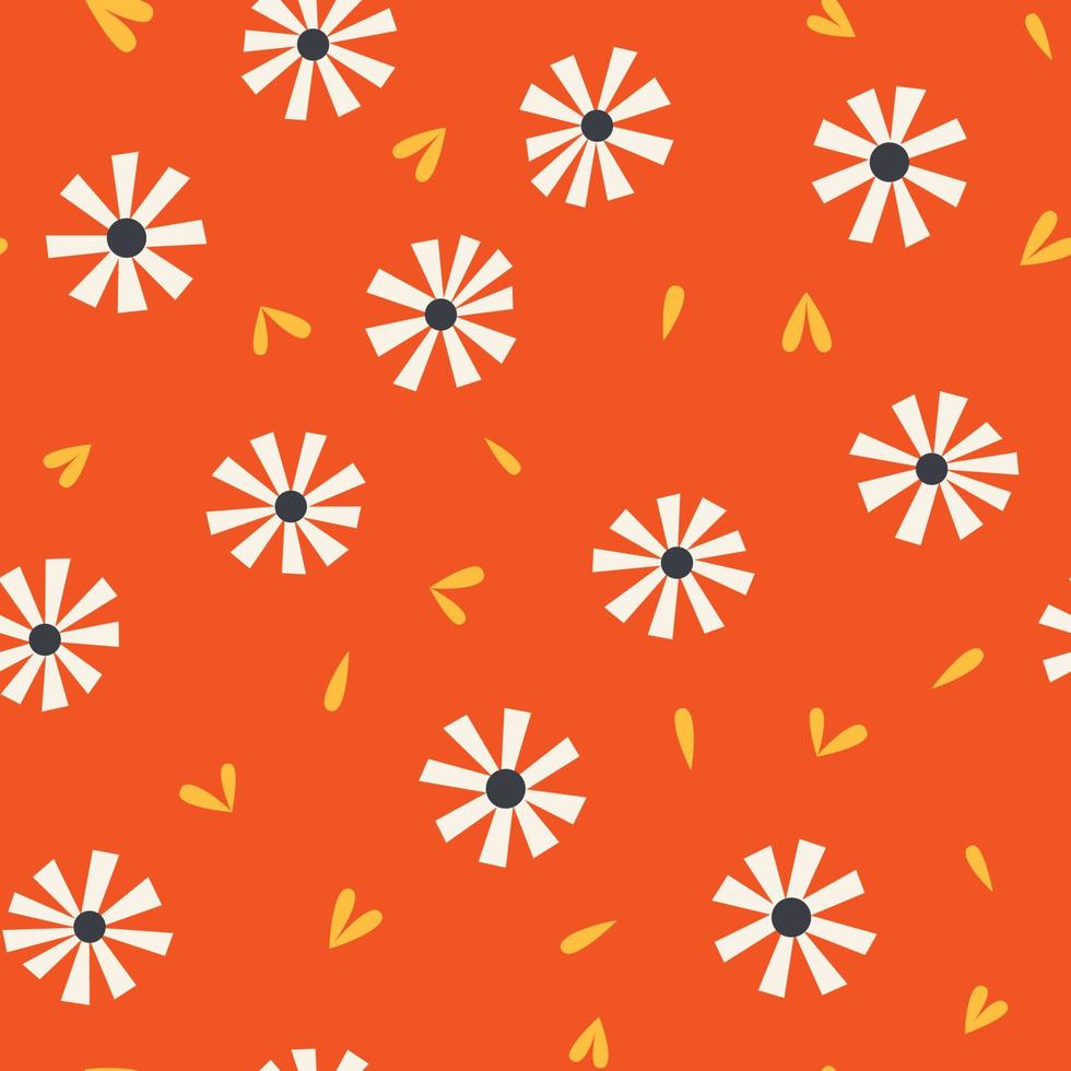 patrón impecable con margaritas de flores florales con hojas amarillas y pequeños corazones sobre fondo naranja. flores simples y fondo transparente brillante. estampado feliz para textiles, papel tapiz de vivero en casa. vector