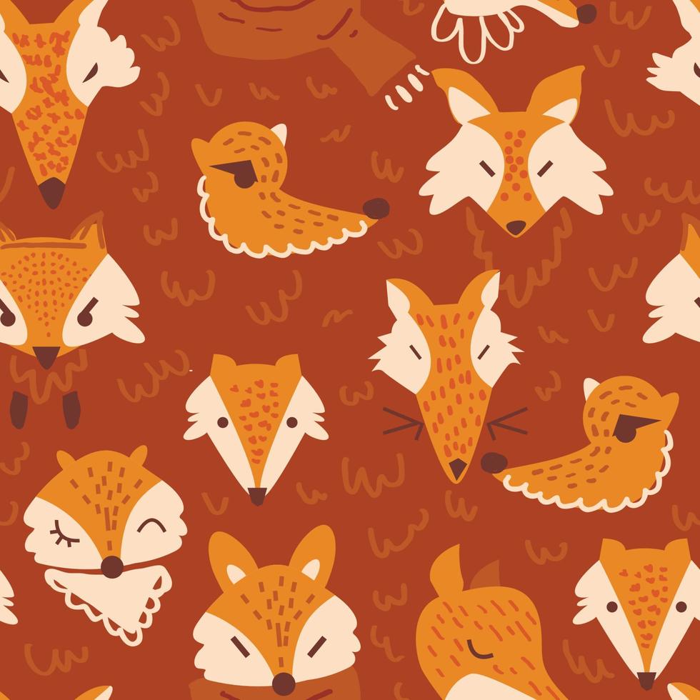 Cute childish print. Autumn unisex fox faces and heads for vector print. Good for textile, fabric, wallpaper, decoration. Seamless pattern with orange fox cartoons and doodle. Unisex fox Fall prints.