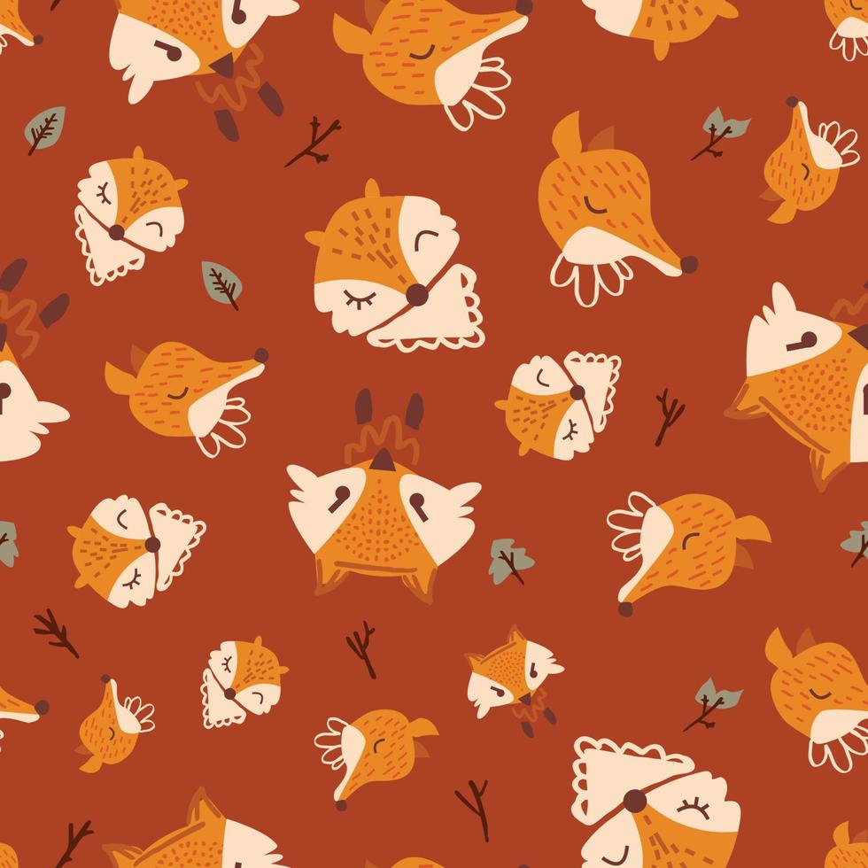 Tile of hand drawn seamless fox heads. Seamless pattern motif creative print, woodland, with fall leaves and autumn foliage. Seamless texture for textile, fabric, apparel, wrapping, paper, stationery. vector