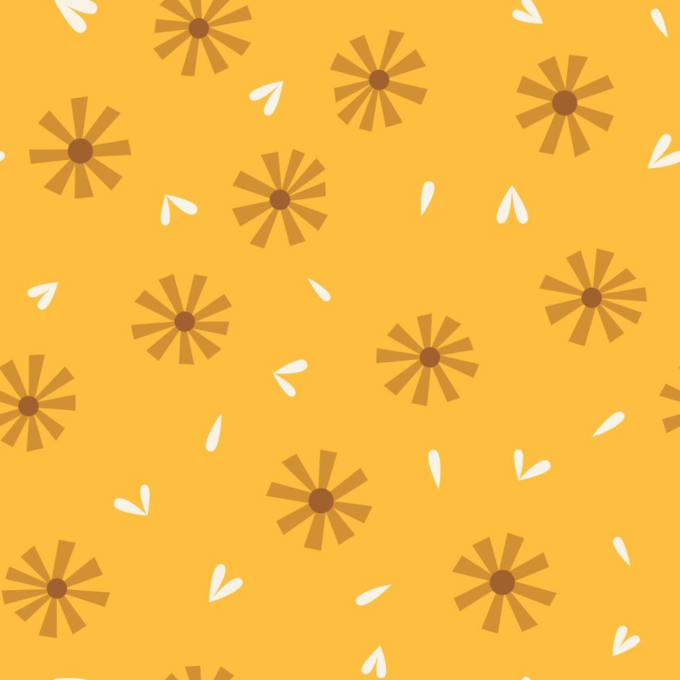 Seamless pattern with dried ditsy flowers with white leaves and little hearts on yellow background. Simple floral seamless background. Simple flower print for textile, home nursery vector