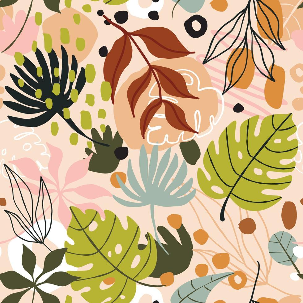 Tropical trendy abstract seamless pattern with monstera leaves and exotics plants with hand drawn textures on brown backdrop. Creative tropical motifs design coloured with brown colours. vector