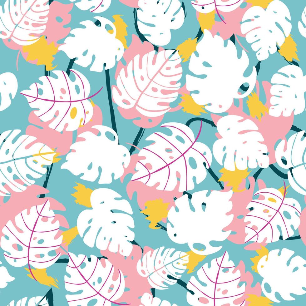 Seamless pattern with exotics tropical leaves and plants with abstract hand drawn ornament on happy colourful backdrop. Creative foliage floral background. Summer illustration. vector