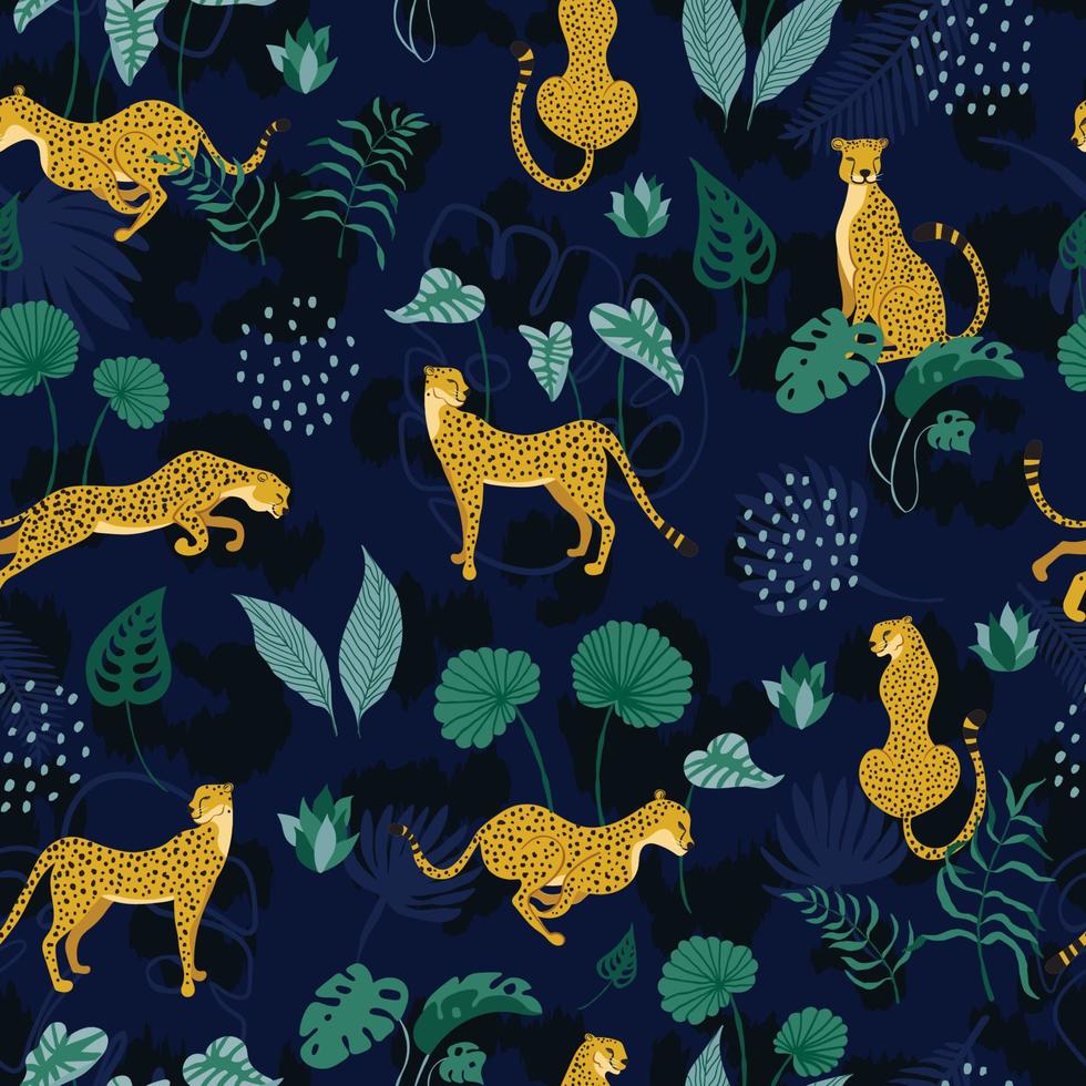 Seamless pattern of summer paradise in tropical jungles with cheetahs and tropical foliage on dark blue backdrop. Wild cats in different poses surrounded by exotic plants and abstract dots. vector