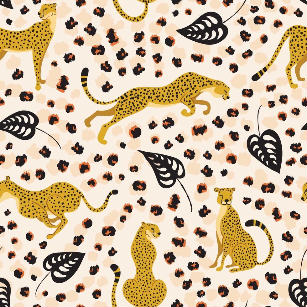 Cheetahs with palm tropical leaves seamless pattern. Trendy style of wild cats in different poses surrounded by rough skin motifs and bizarre foliage. Exotic art backdrop. vector